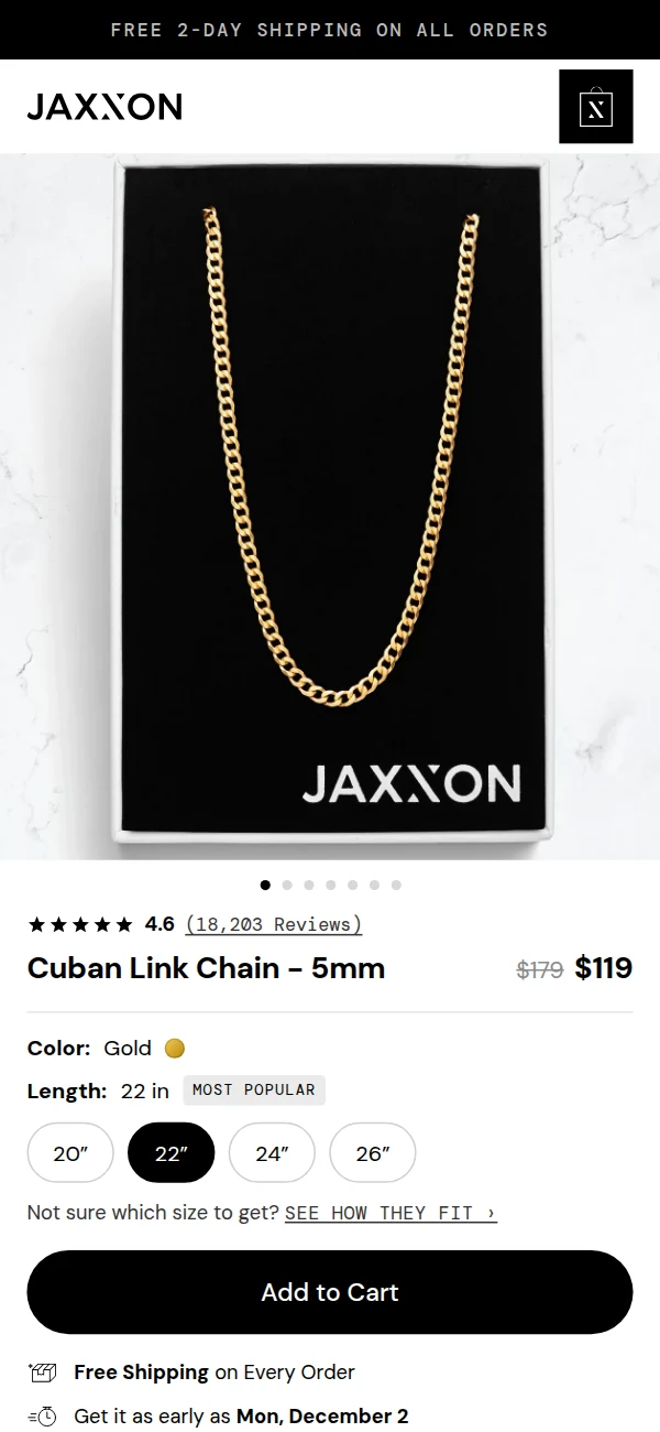 The JAXXON product page on a phone: the chain in its box, on marble