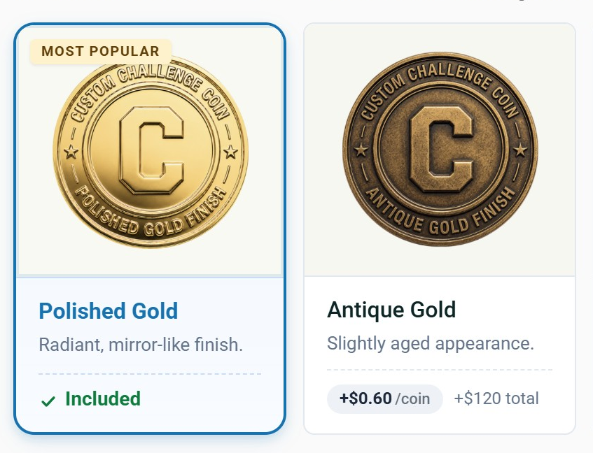 Two plating tiles on the new form, coins photographed: Polished Gold, Included; Antique Gold, +$0.60 per coin, +$120 total