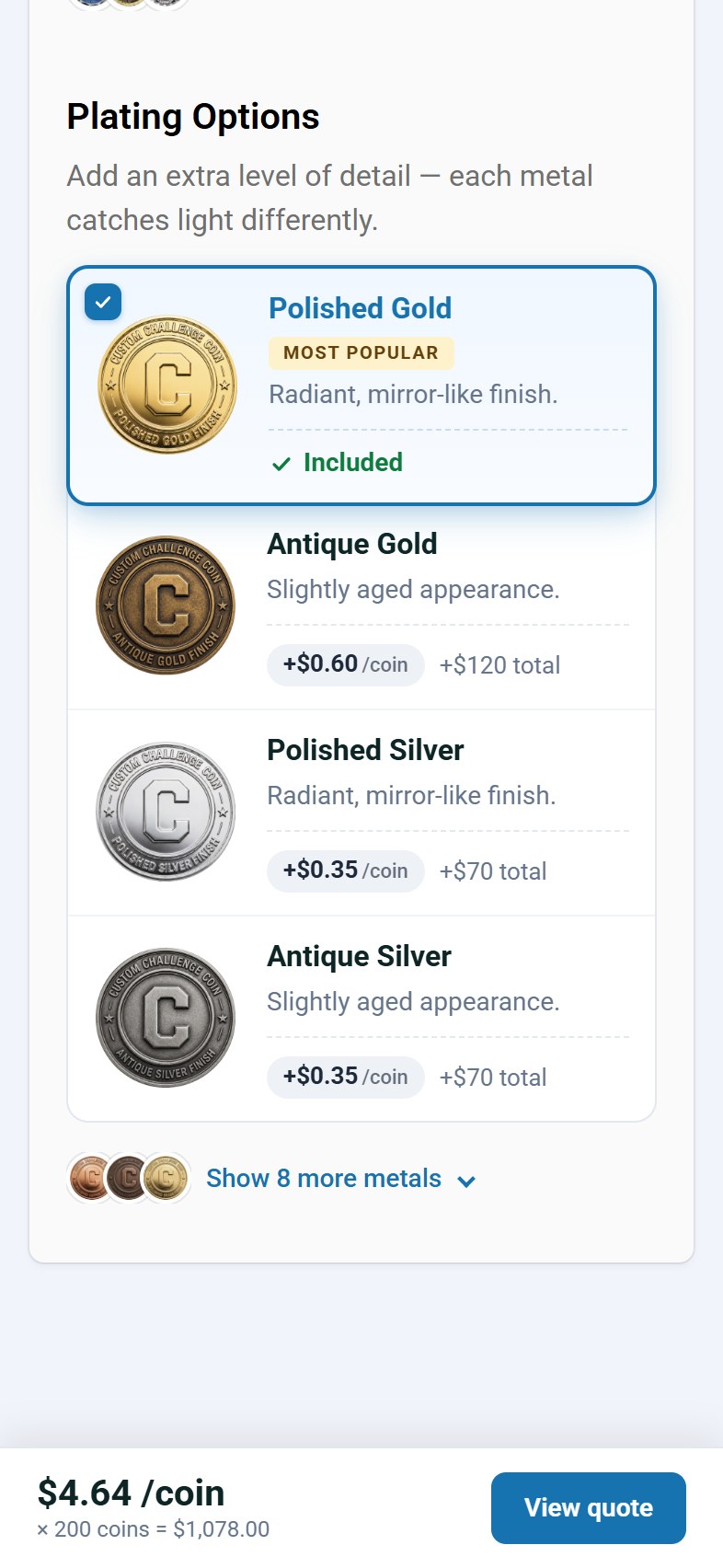 The form on a phone: plating tiles priced per coin and a bar at the foot reading $4.64 per coin