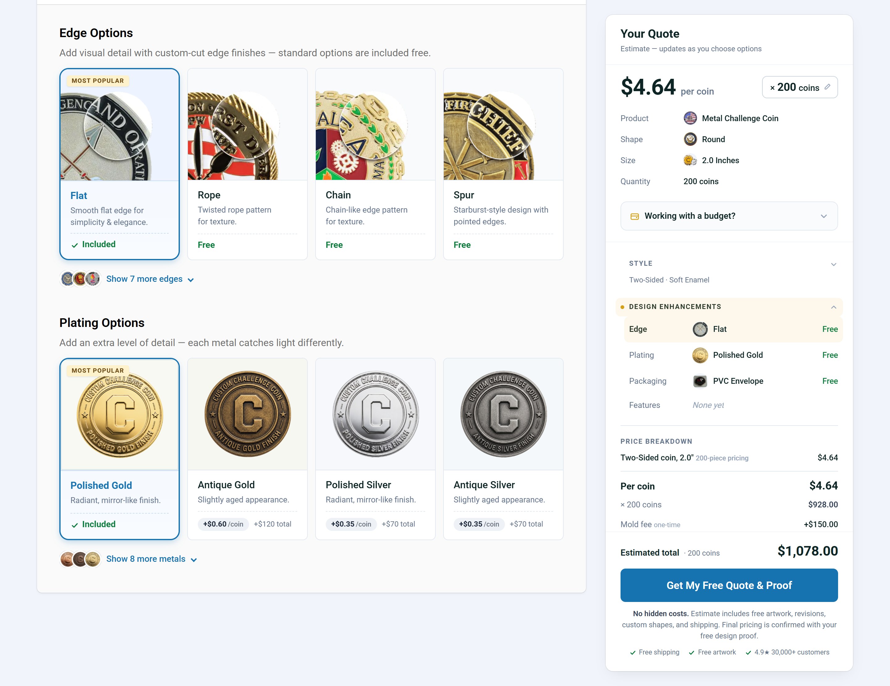 The quote form on a desktop: edge tiles with Show 7 more edges, plating tiles priced per coin, and the quote summary at $4.64 per coin